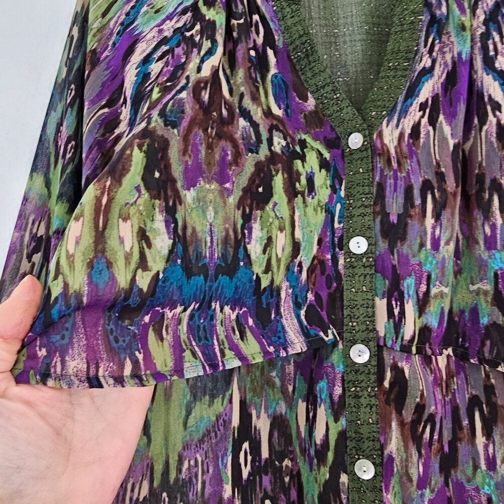 Fig & Flower Womens Sz M Green Purple Art Print Boho Blouse Hi Low Casual Top - Picture 3 of 15